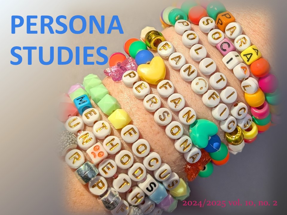 The cover of this issue has the words Persona Studies in blue in the top left corner, and the issue details in pink in the bottom left corner. The rest of the space is taken up by a photo of an arm covered in Swiftie-style friendship bracelets that spell out key words from the issue. The two bracelets in the middle say 'Fan Persona' as the theme of the issue.