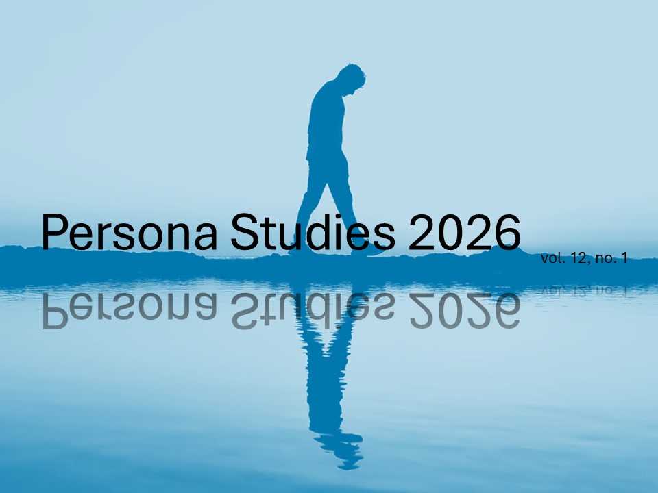 A silhouette of a man walking beside water against a light sky. His figure is reflected in the water, and overlaid with the words 'Persona Studies 2026, vol. 12, no. 1' which are also reflected. The image has been edited to blue tones.